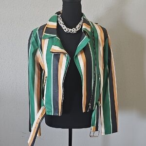 New Striped Green Faux Leather Moto Jacket with Contrast Stripes